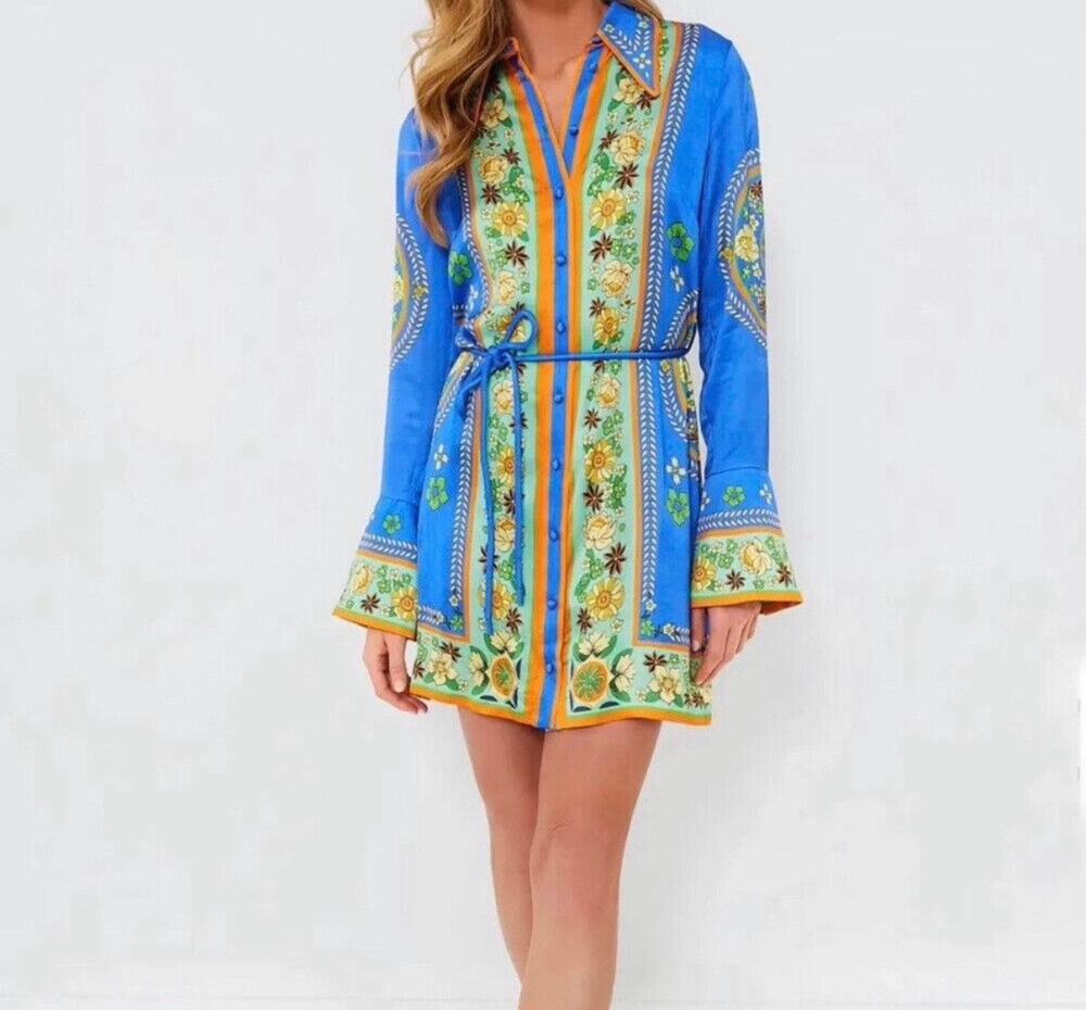 ALÉMAIS Blue Floral Belted Mini Shirt Dress